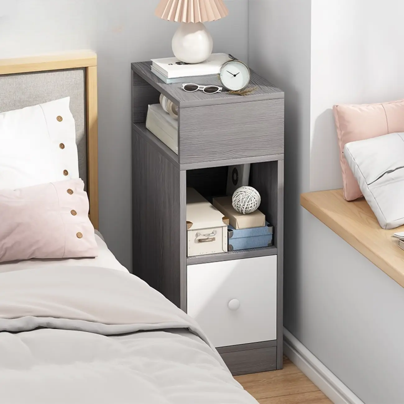 Wood Finish White Narrow Length Multi-Drawers Nightstand