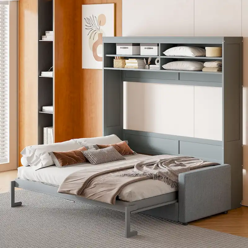 Queen Convertible Murphy Bed with Sofa, 2-in-1 Design, Storage & Dual-Piston Mechanism