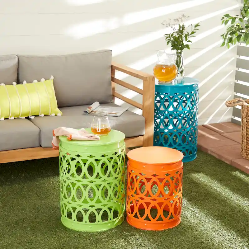Multi Colored Metal Indoor Outdoor Nesting Accent Table with Carved Design Collection (Set of 3) - S/3 23, 19, 15H