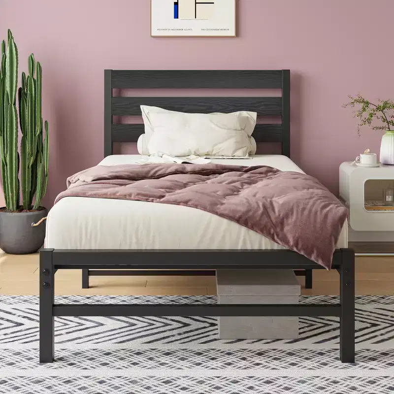 Black Metal Platform Bed Frame with Wood Headboard, Twin/Full/Queen, 1 Person