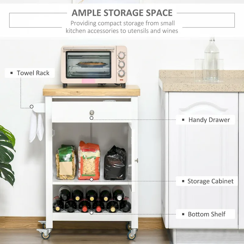 HOMCOM Utility Kitchen Cart, Rolling Kitchen Island with Smooth Rubberwood Top, Narrow Butcher Block Surface on Wheels