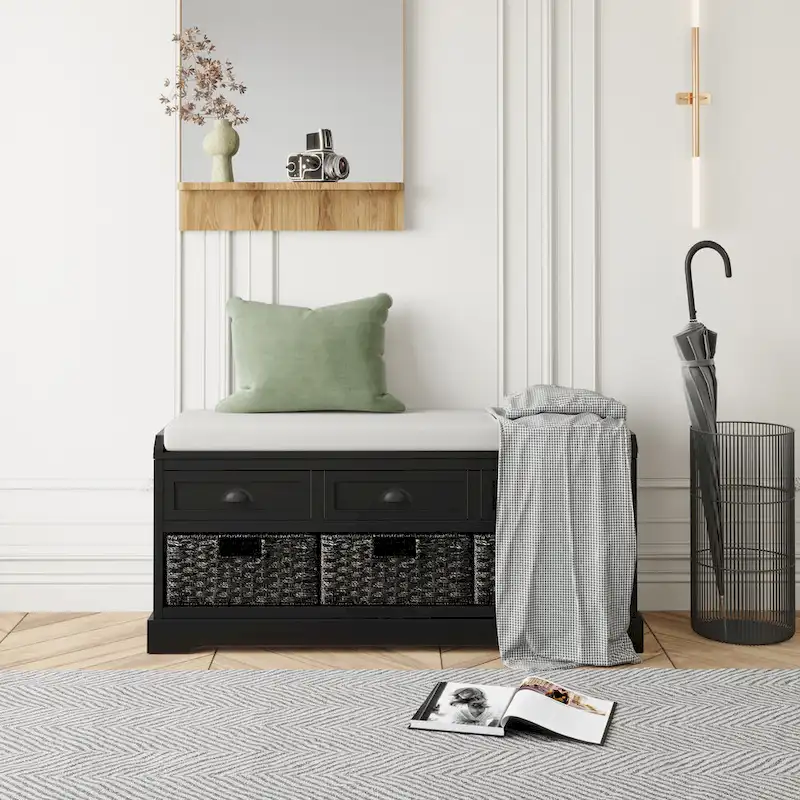 Homes Collection Wood Storage Bench with 3 Drawers and 3 Baskets