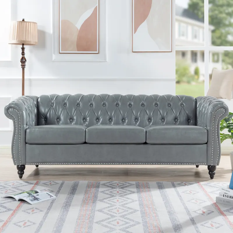 Upholstered Rolled Arm Chesterfield 3-Seater Sofa