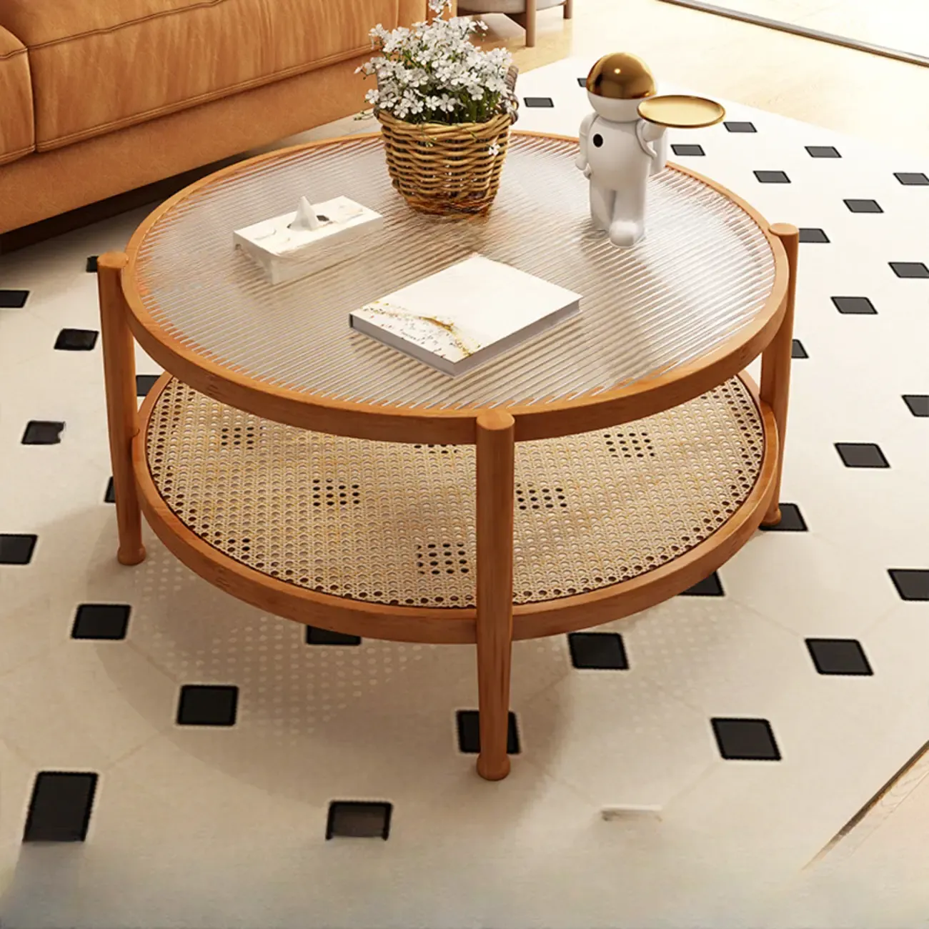 Modern White Rectangle Glass Coffee Table with Shelf