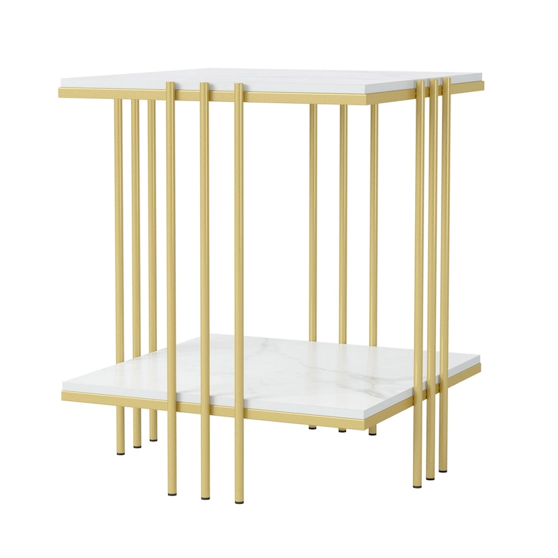 2 Tier Square Side Table Marble Gold Metal Leg Accent End Coffee Desk