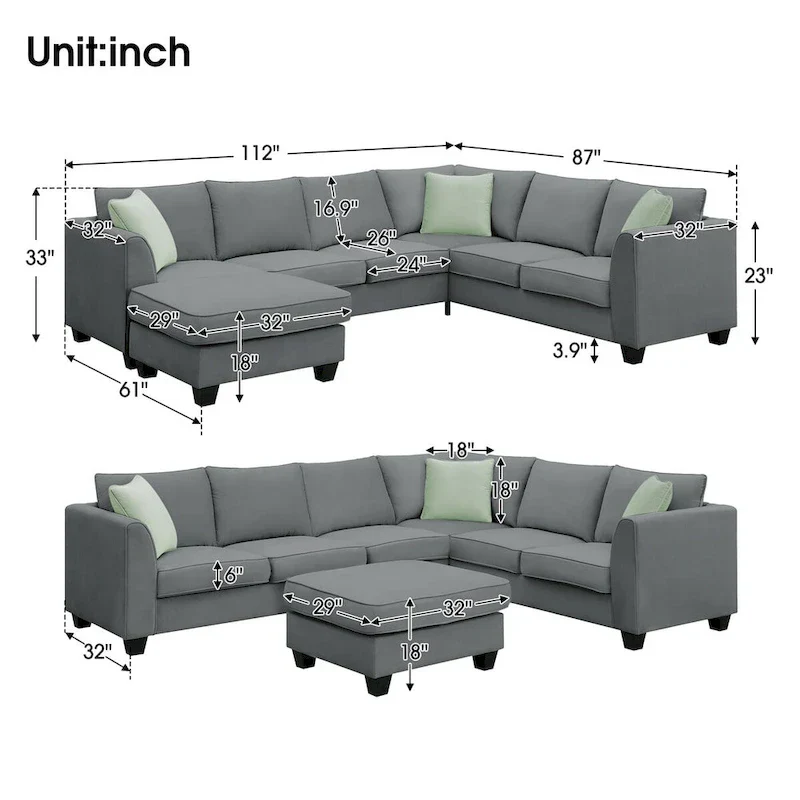 112-inch L-shaped 7-seat Modular Sectional Sofa with Ottoman and Three Pillows - 112W x 87D x 33H