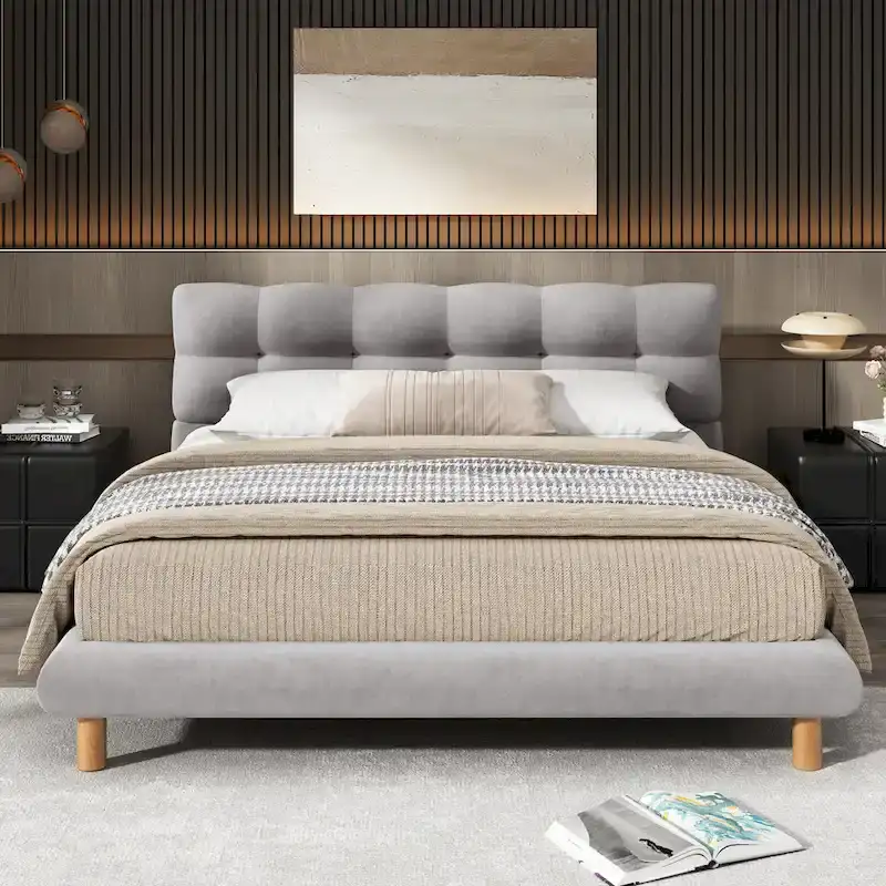 Queen Size Upholstered Platform Bed Modern Tufted Bed Frame with Cookie-Shaped Headboard for Guest Room and Bedroom