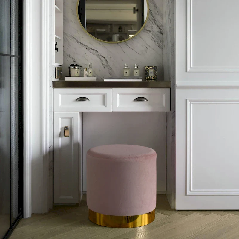 Modern Round Velvet Fabric Standard Ottoman Stool with Gold Base