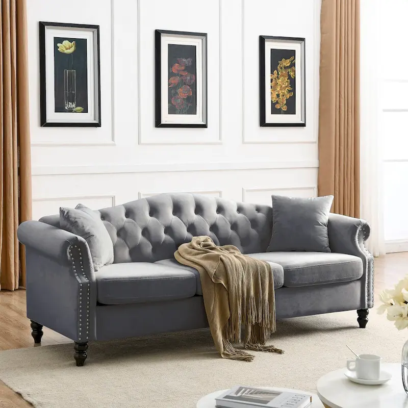 79 Chesterfield Sofa Velvet for Living Room, 3 Seater Sofa Tufted Couch with Rolled Arms and Nailhead ,two pillows