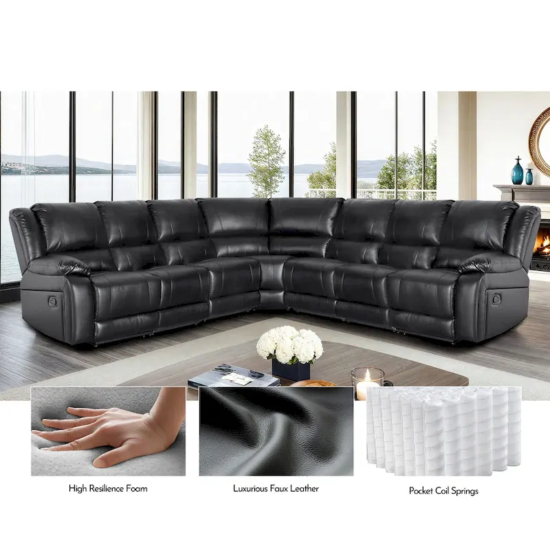 129W 7-Seat Faux Leather Manual Recliner Large Sectional Reclining Sofa