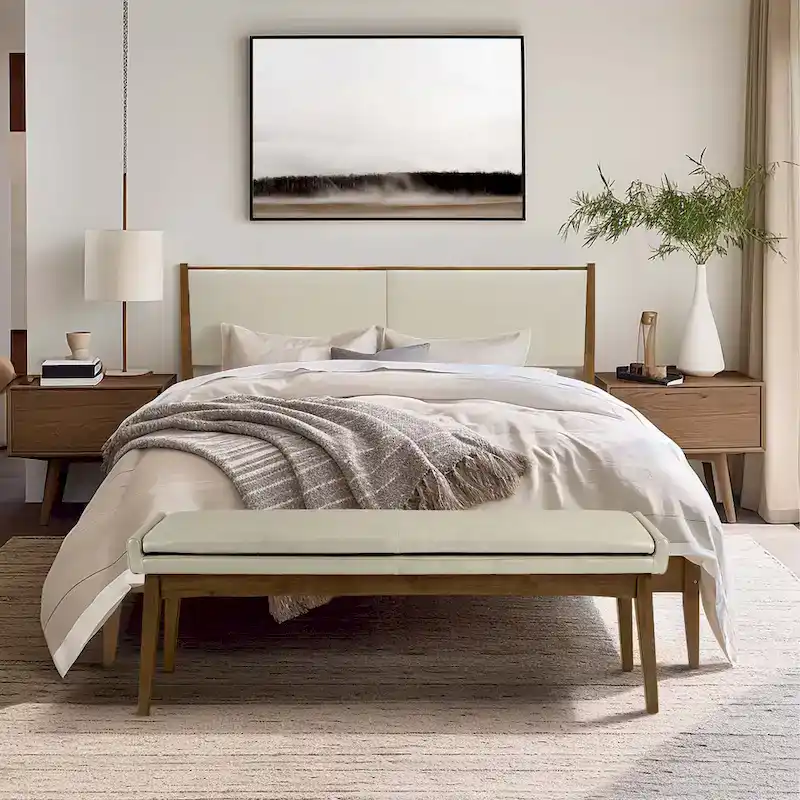 Beige Upholstered Headboard and Wood Frame Set, Queen or King