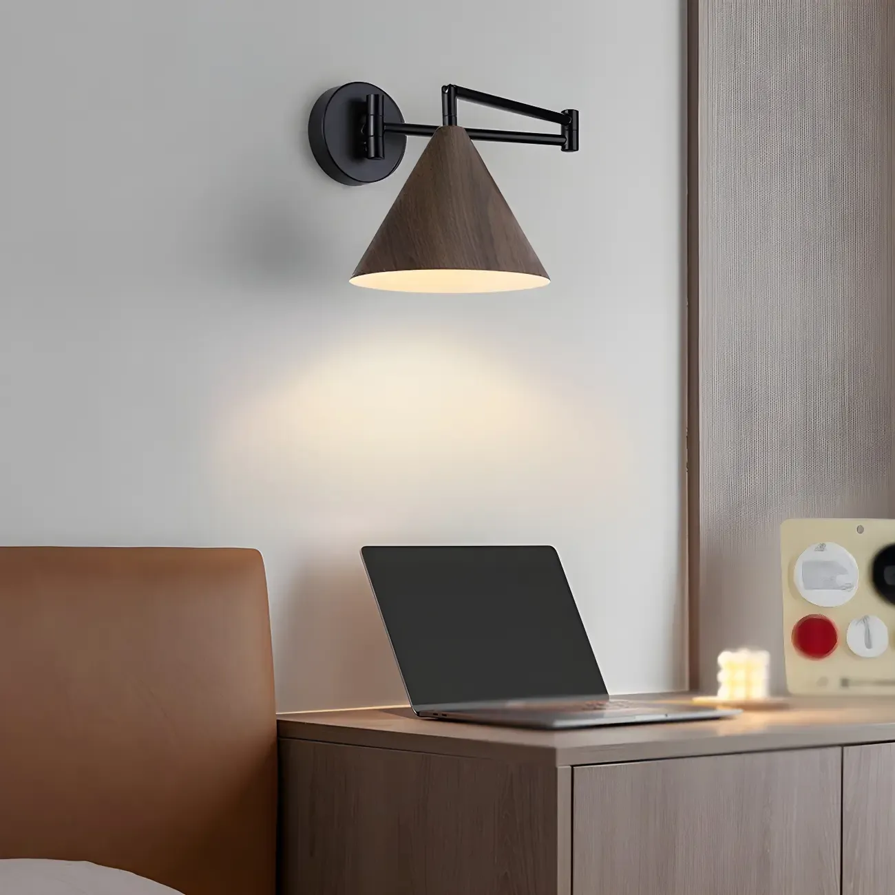 Black Metal Swing Arm Wall Light with Wood Shade
