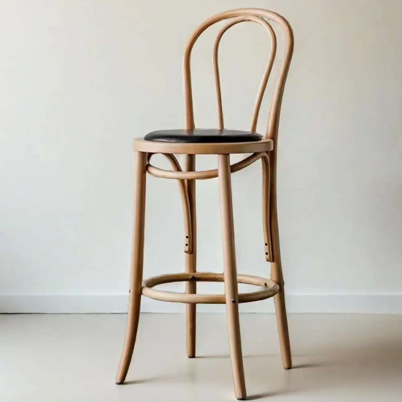 Walnut Beech Wood Leather Seat Bar Stools with Back