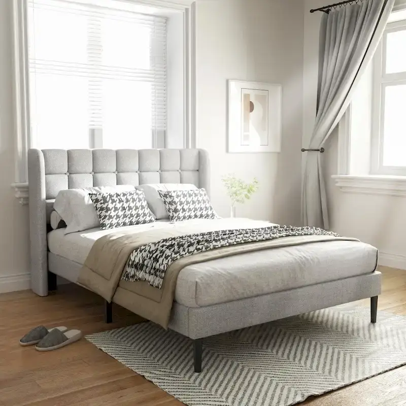 Bed Frame with Upholstered Wingback Headboard And Wooden Slats Support