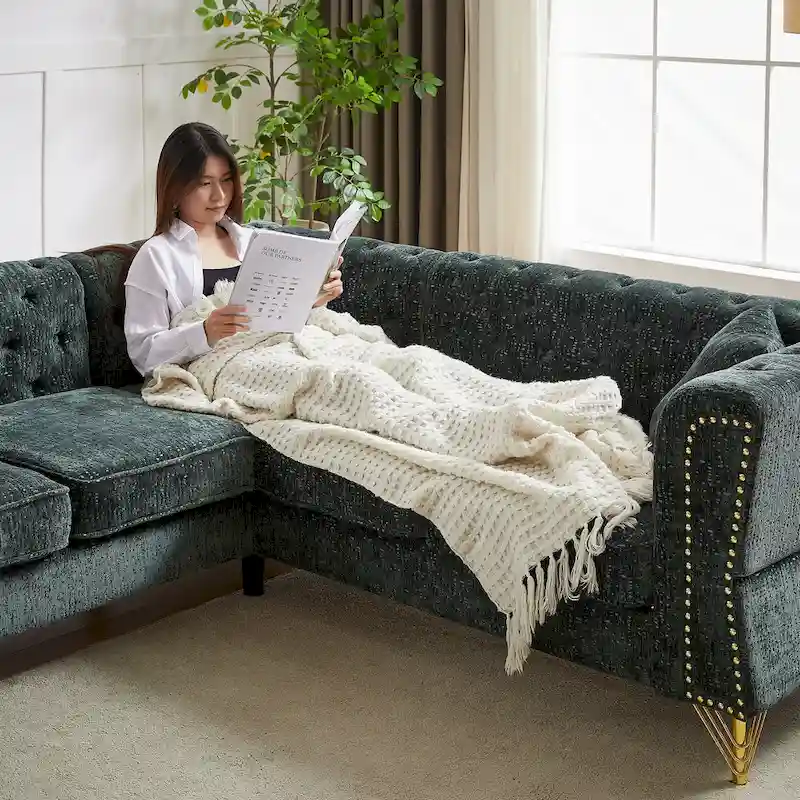 Green 81.5  Chenille L-Shaped 5-Seat Sofa