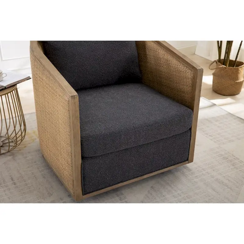 Swivel Barrel Chair, Comfy Round Accent Chair, 360 Degree Swivel Barrel Club Chair, Leisure Arm Chair with Rattan Woven Frame