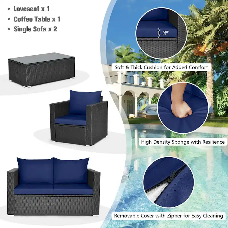 Costway 4 PCS Patio Rattan Furniture Set Cushioned Sofa Chair Coffee - See Description