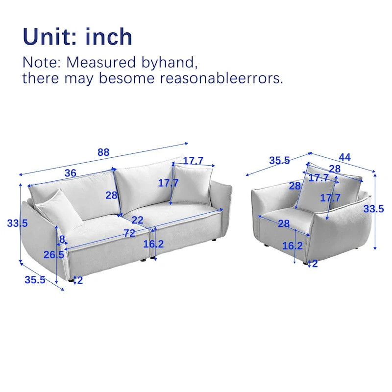 2-Pieces Linen Fabric 4-Seat Modular Sofa Set with 3+1 Seater Combo and Wooden Frame & 3 Pillows
