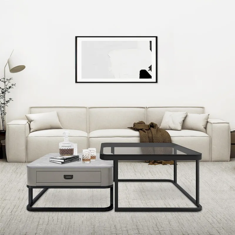 Modern Glass Waterproof Square Nesting Coffee Table with Drawer