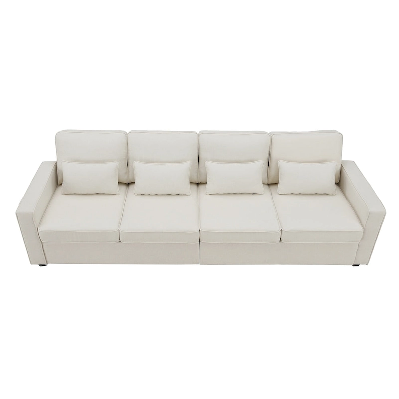 4-Seater Modern Linen Fabric Sofa with Armrest Pockets and 4 Pillows