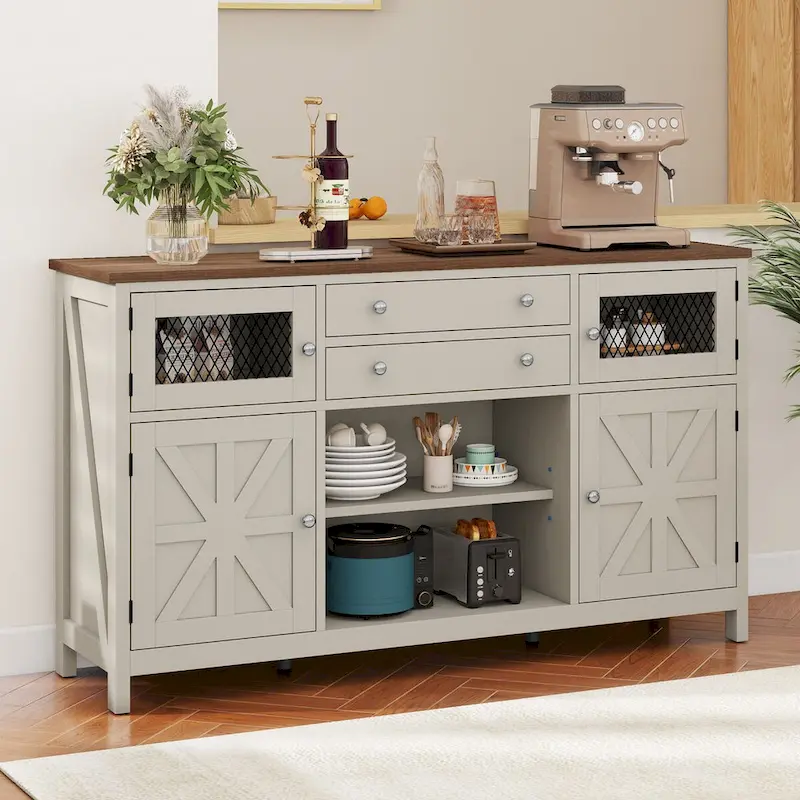 59 Coffee Bar Cabinet Barn Door Storage Cabinet With 2 Large Drawers & Visual Grid Door