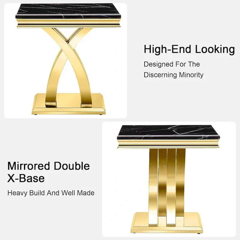 Luxurious 22 inch Black and Gold End Table with Polished Stainless Steel X Base