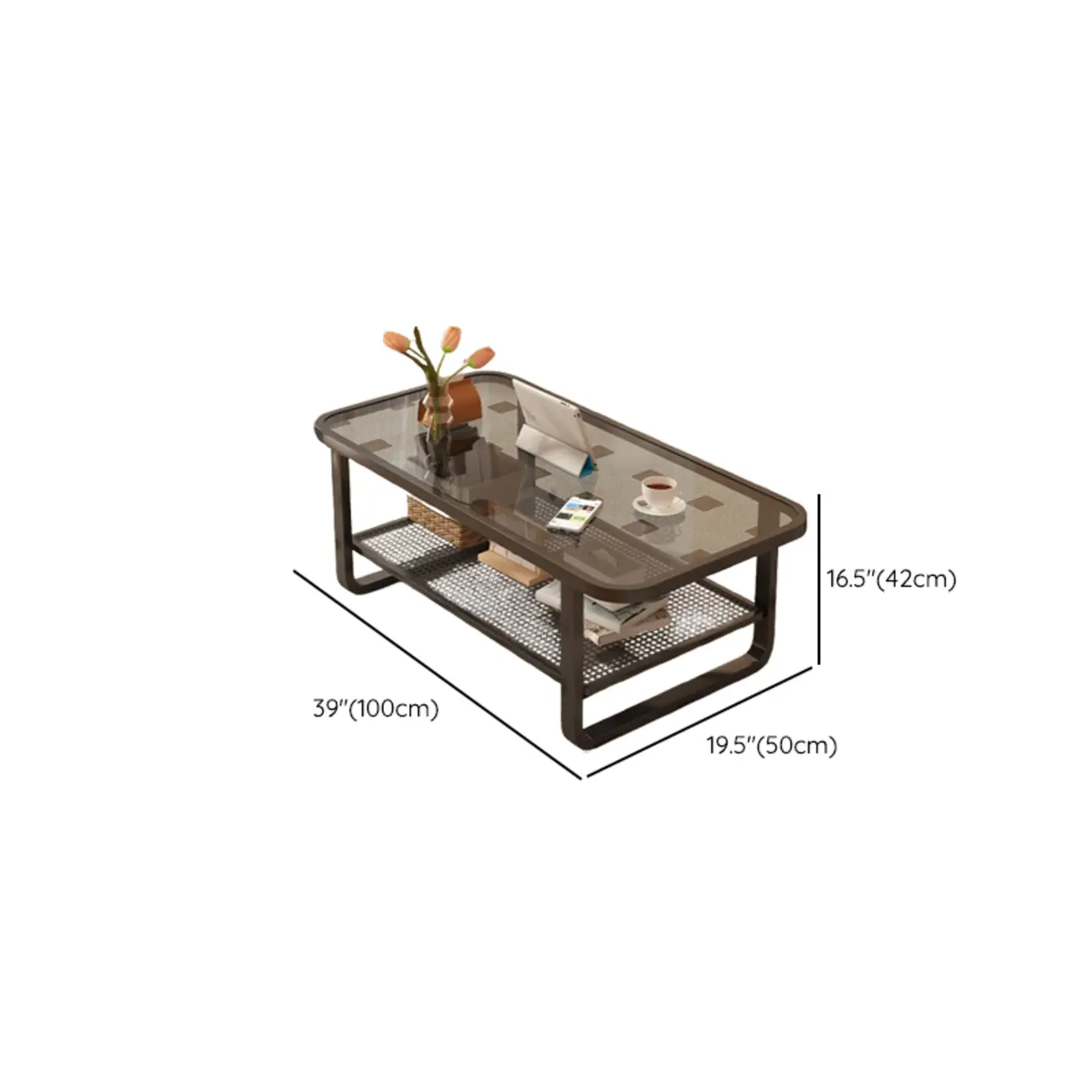 Modern White Rectangle Glass Coffee Table with Shelf