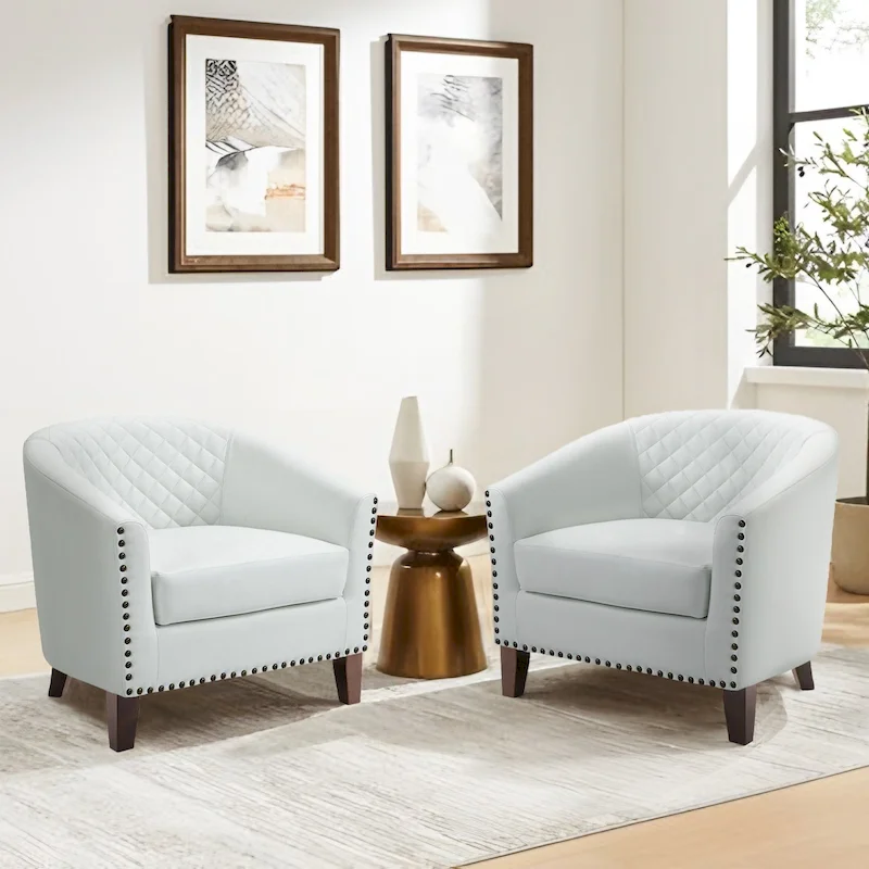 2 Set Vegan Leather Barrel Accent Chairs with Nailheads Trim