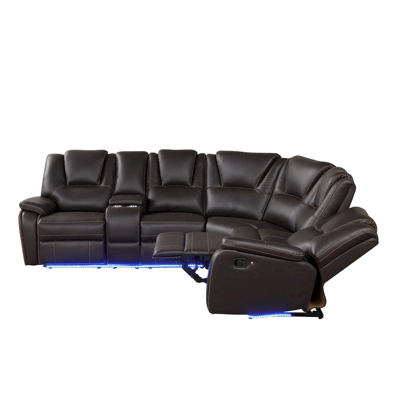 Modern Faux Leather Manual Reclining with Center Console with LED Light Strip,Living Room Furniture Set,PU Symmetrical Couch