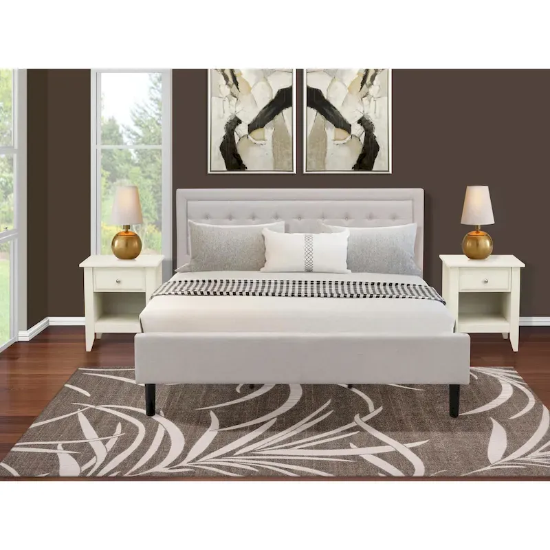 King Bedroom Set with 1 Bed and a Wire Brushed Butter Cream End Table - Mist Beige Linen Fabric Bed(Pieces Option)