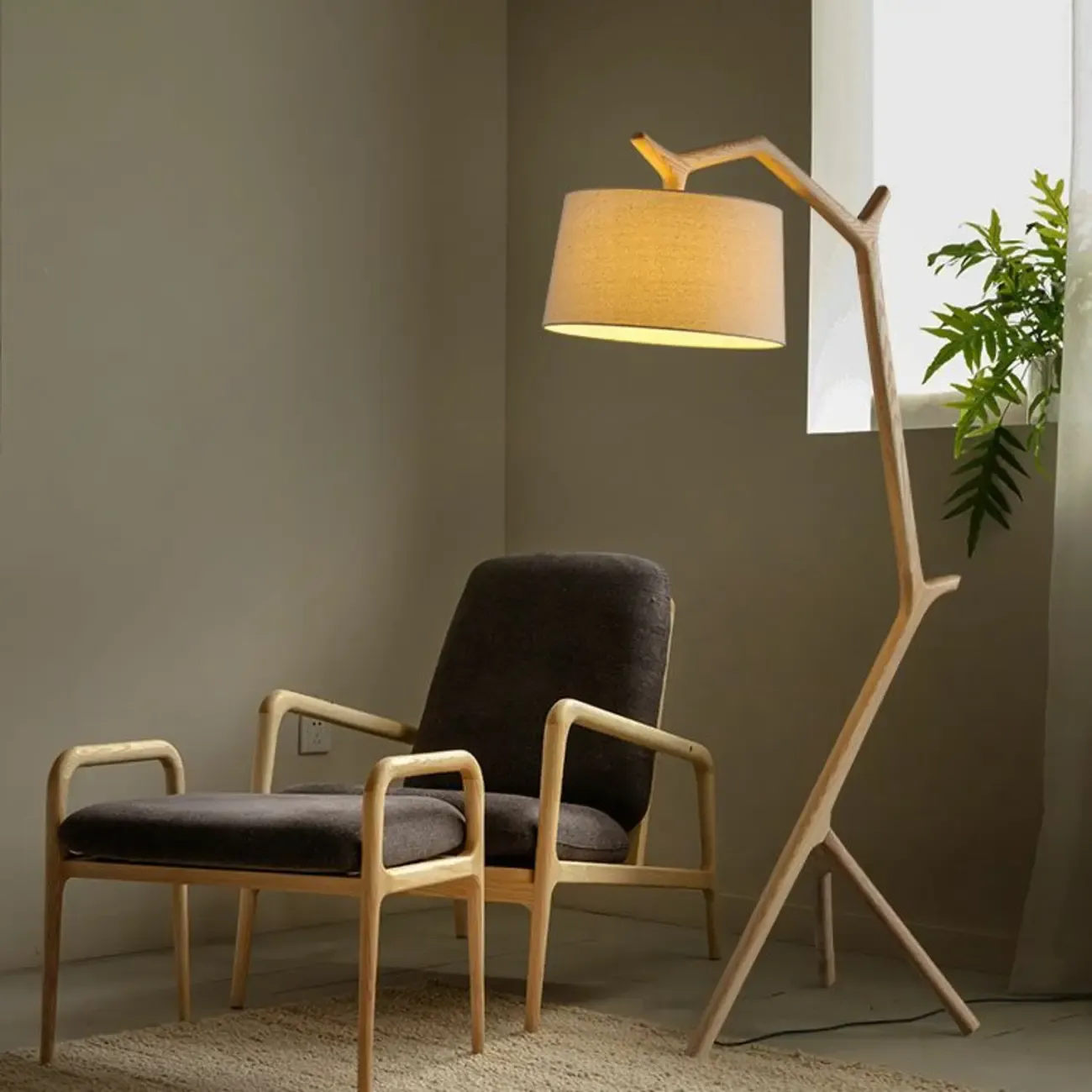 Tripod Wooden Arc Floor Lamp with Fabric Shade for Living Room
