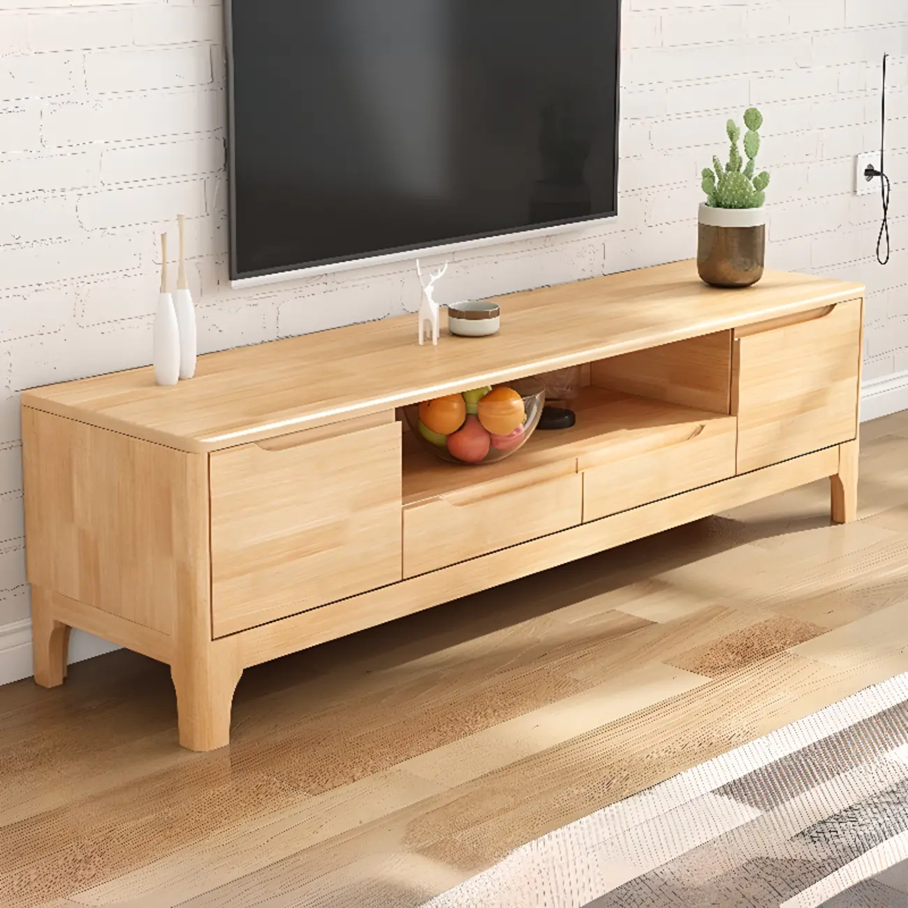 Durable Natural Wooden TV Stand with Cable Management