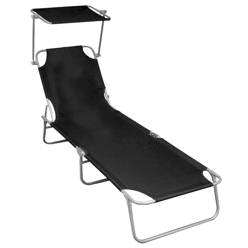 Keli Outdoor Folding Chaise Lounger, Canopy, Black Polyester, 74 Inch