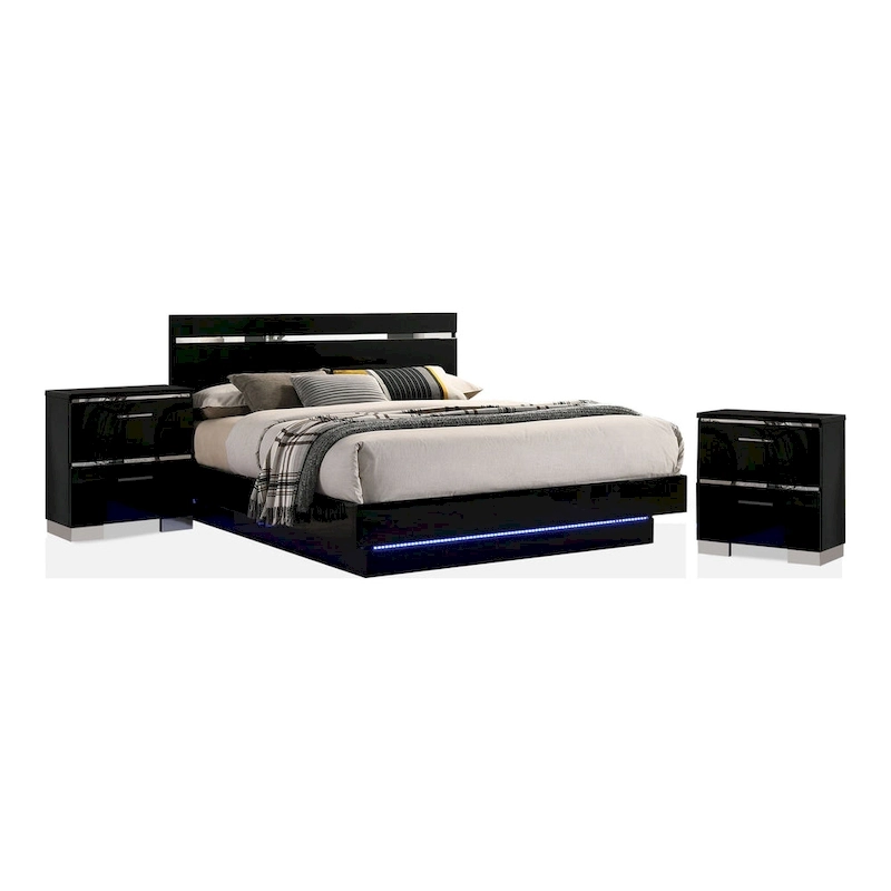 Benvolio Contemporary Black Wood LED 3-Piece Panel Bed with 2 Nightstands Set with USB Port by Furniture of America