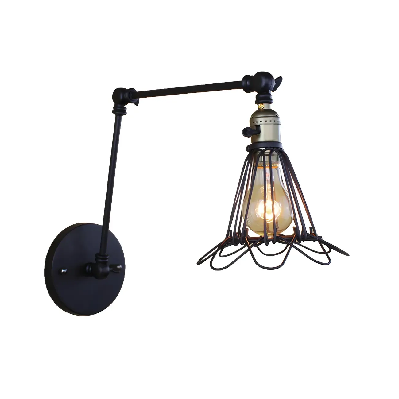 Industrial Black Wire Cage Swing Arm Wall Light
