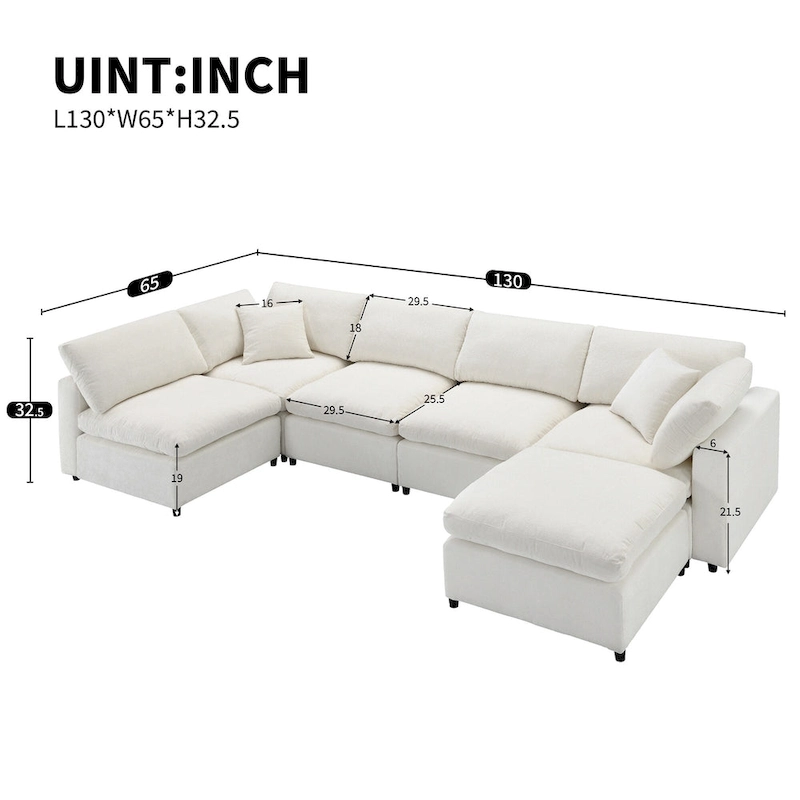 Beige 130 Chenille Cloud U-Shaped Sleeper Sectional Sofa, 6-Piece Modular Design