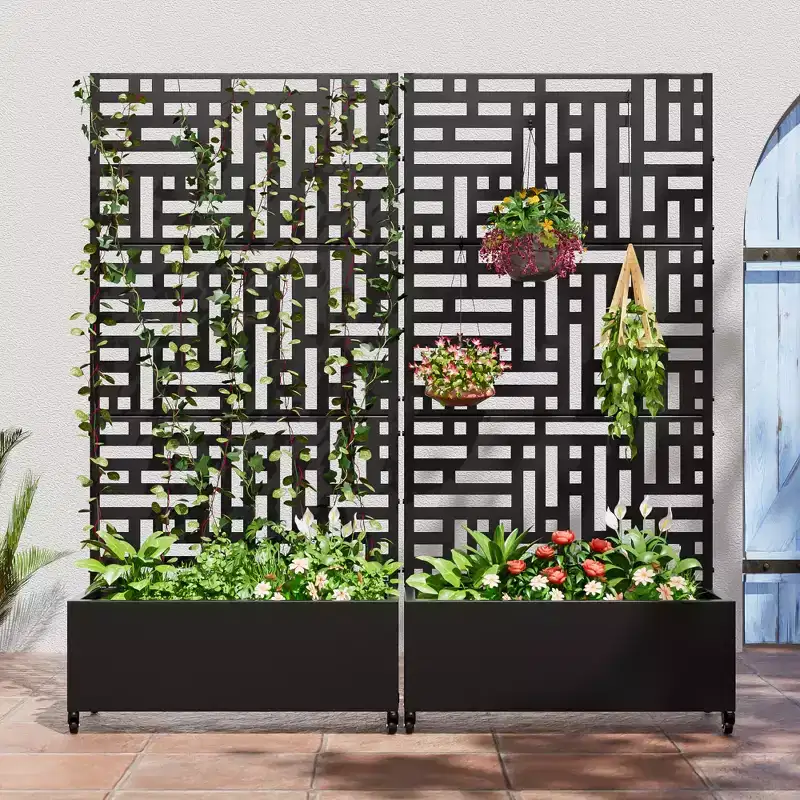 72x35x16 Inch Black Metal Rectangular Planter Box with Trellis for Street, Patio, Garden and Outdoor Decor