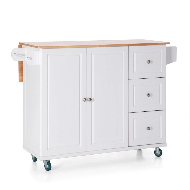 Kitchen Island Cart with Drop-Leaf and Rubber Wood Top, Rolling Kitchen Trolley Cart Cabinet