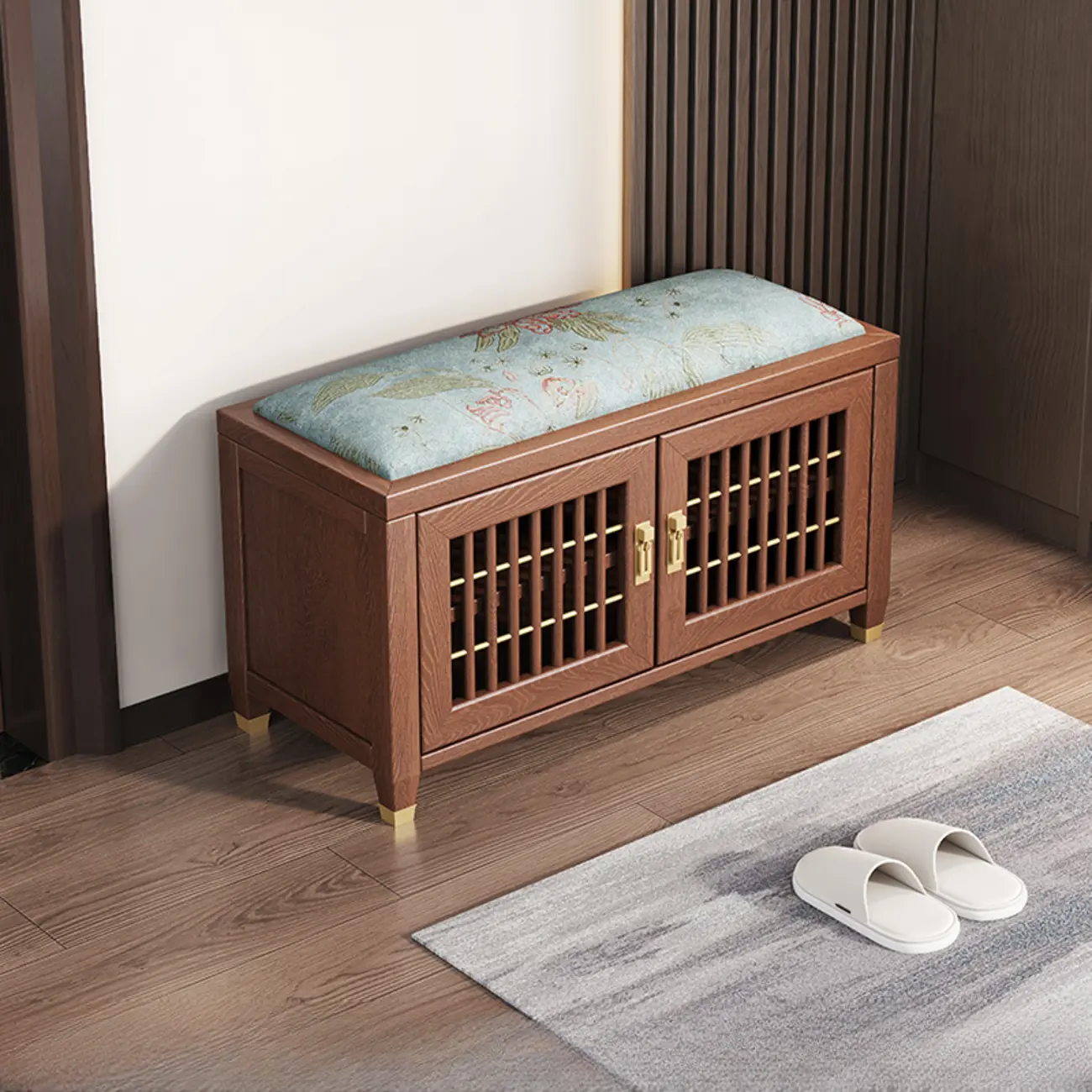 Traditional Wooden Upholstered Bench with Storage Locker