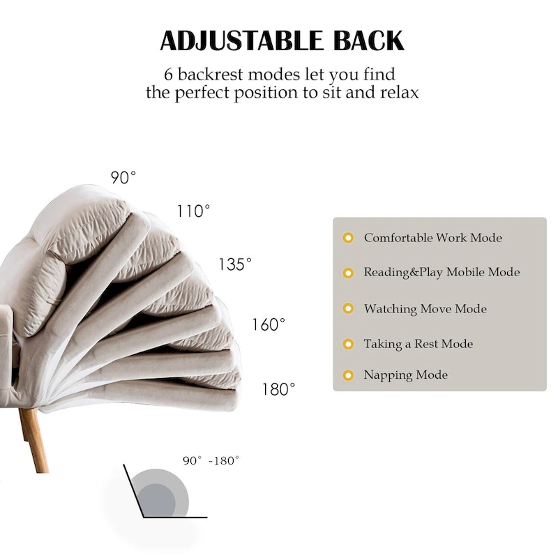 Velvet Fabric Armchair with Ottoman with Adjustable Backrest and Side Pockets