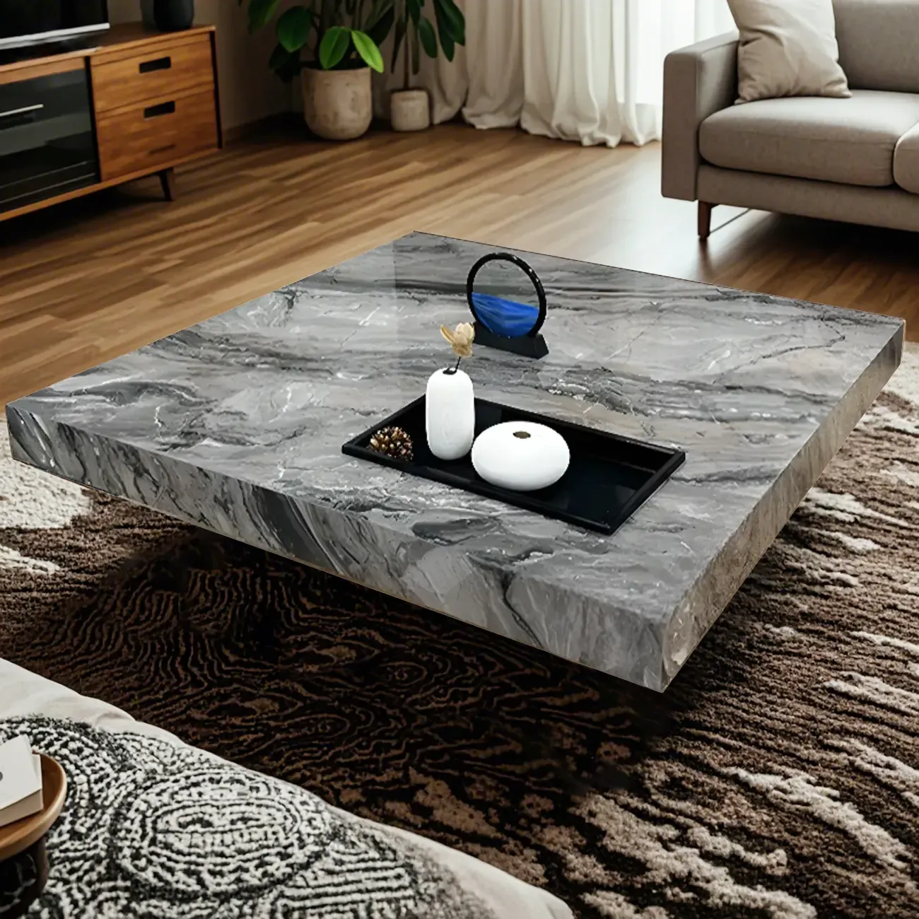Modern Grey Square Coffee Table with Stainless Steel Base