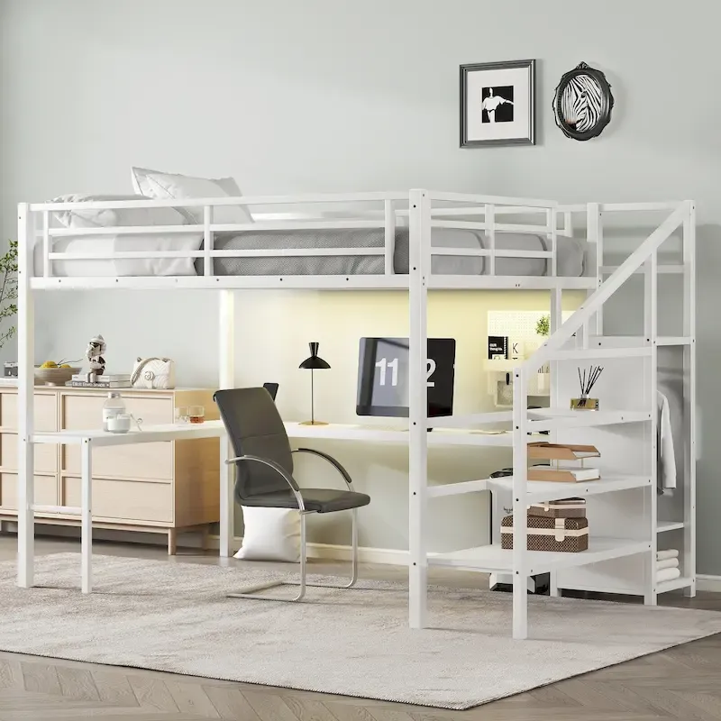 Queen Size Loft Bed with L-Shaped Desk & USB Ports - Metal High Loft Bed with Wardrobe & Adjustable LED Shelves for Teens