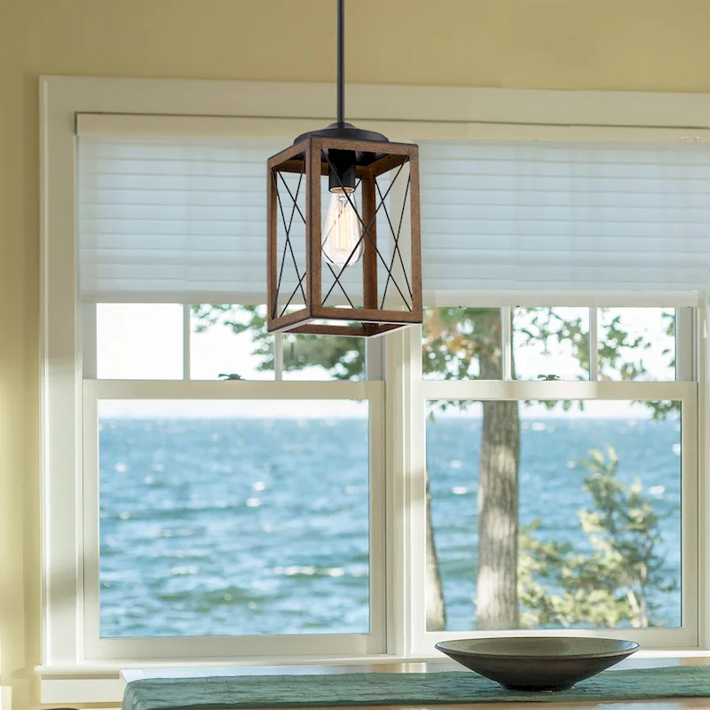 1-Light Cage Mini Pendant Light with Matte Black and Barnwood Accents