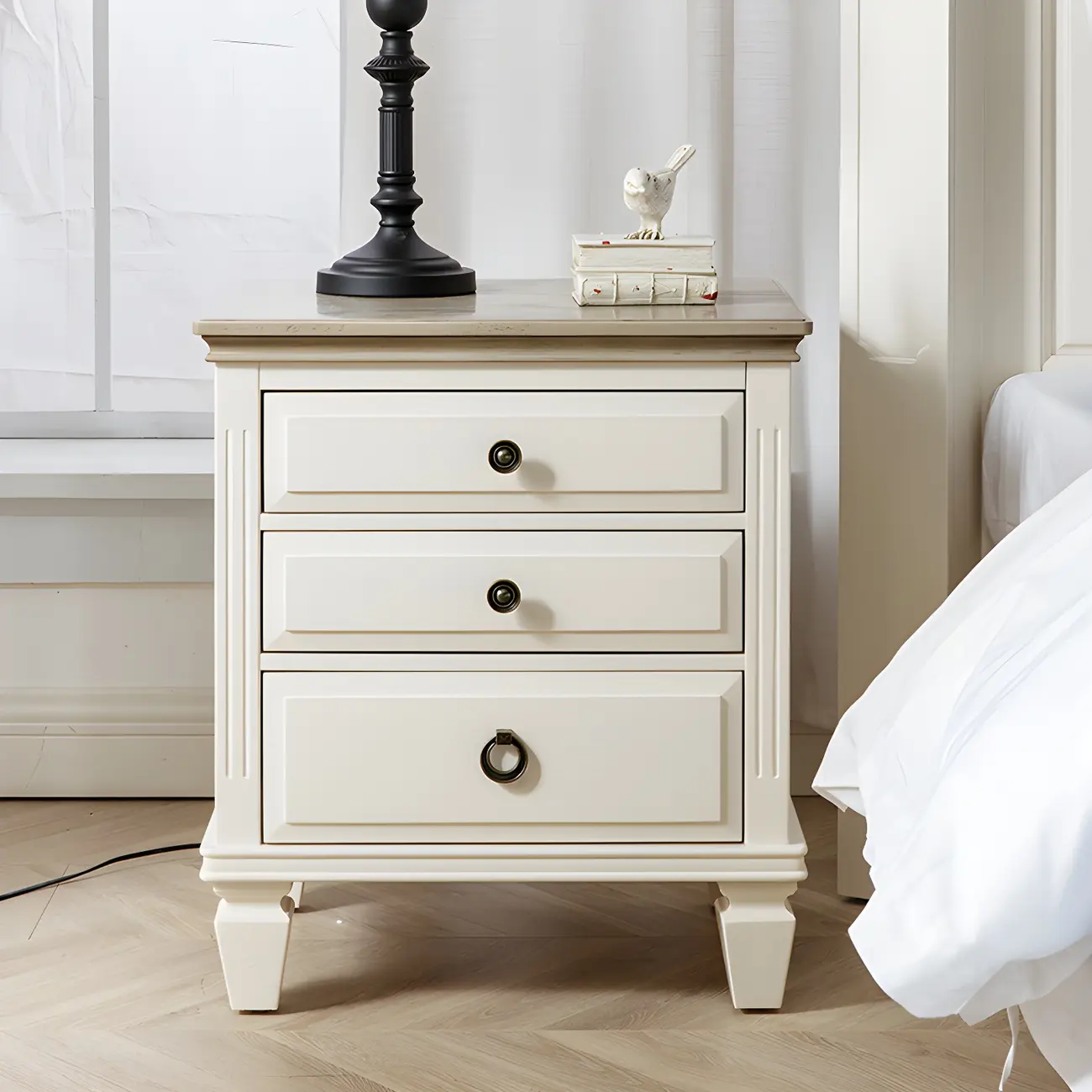 Beige Oak Wood 3-Drawer Standard Nightstand