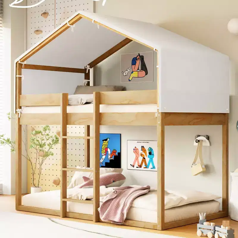 CLIHOME Rustic Twin Over Twin Wood Bunk Bed Frame with Tent and Ladder