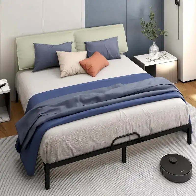 Moasis Metal Bed Frame Folding Upholstered Bed Frame with Faux Leather Headboard Two Pillows