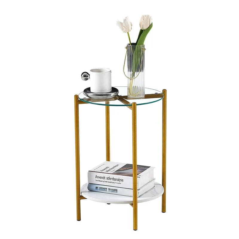 2 Tier Round Side Table with Tempered Glass Modern End Tables