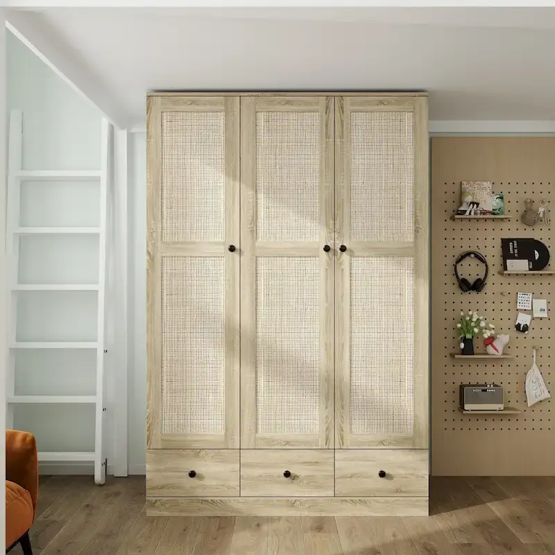 Rattan-Accented Wardrobe - Spacious Clothing Organizer with Style