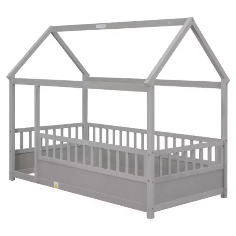 Gray / White House Roof Floor Bed with Fence Guardrails – Single
