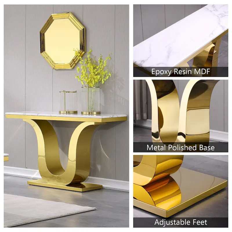 50 inch Luxury Console Table Rectangle Living Room White Sofa Entryway Table with Stainless Steel U Base